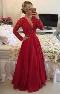 Popular Long Sleeves Floor Length Beading and Lace Lace Up Dress for Prom with Red Sweep Train