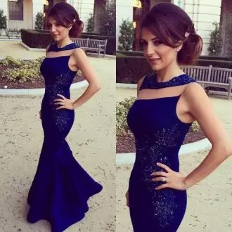 Luxurious Navy Blue Lace Up Asymmetric Appliques Prom Dresses Satin Sleeveless