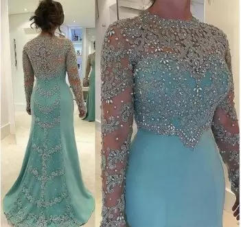 Aqua Blue Dress for Prom Sweep Train Long Sleeves Beading