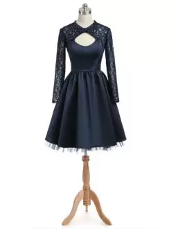 Customized Navy Blue Scoop Neckline Lace Homecoming Dress Long Sleeves Zipper