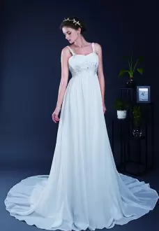White Lace Up Straps Beading Prom Party Dress Chiffon Sleeveless Brush Train