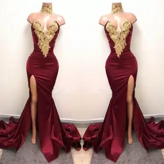 Nice Sleeveless Lace and Appliques Lace Up Hoco Dress with Burgundy Sweep Train