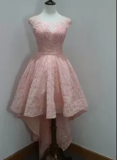 Suitable High Low Pink Lace Sleeveless Beading Prom Dress
