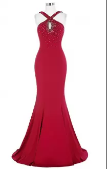 Halter Top Sleeveless Evening Dress Floor Length Beading Red Chiffon