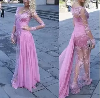 Modern Floor Length Column Sheath Long Sleeves Pink Prom Homecoming Dress Zipper