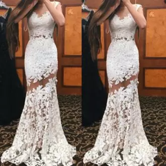 Inexpensive Lace Prom Evening Gown White Lace Up Sleeveless Floor Length Sweep Train