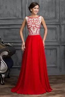 Glamorous Red A-line Scoop Sleeveless Chiffon Floor Length Side Zipper Beading Homecoming Dress
