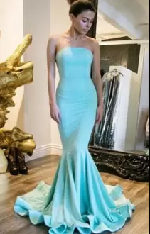 Sweep Train Mermaid Dress for Prom Blue Strapless Satin Sleeveless Floor Length Lace Up