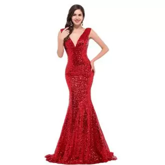 Sleeveless Brush Train Homecoming Dresses in Red with Sequins