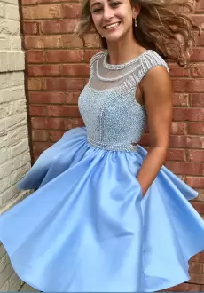 New Arrival Baby Blue Prom and Party and Military Ball with Beading Scoop Cap Sleeves Backless