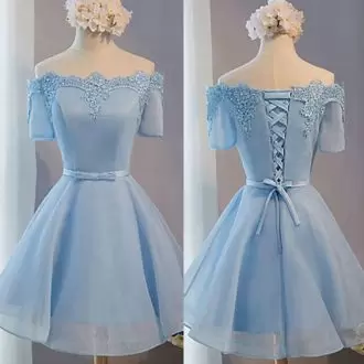 Dramatic Short Sleeves Organza Knee Length Lace Up Prom Dress in Blue with Lace