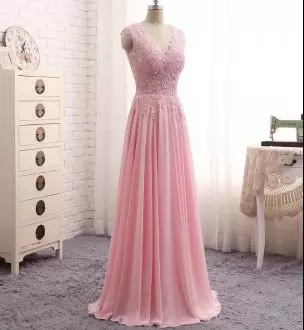Discount Pink Empire Chiffon V-neck Sleeveless Lace Floor Length Side Zipper Dress for Prom