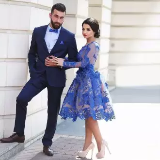 Royal Blue A-line Scoop Long Sleeves Lace Knee Length Lace Prom Party Dress