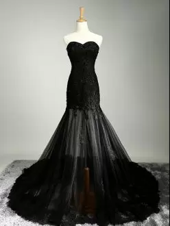 Top Selling Floor Length Black Dress for Prom Sweetheart Sleeveless Chapel Train Zipper