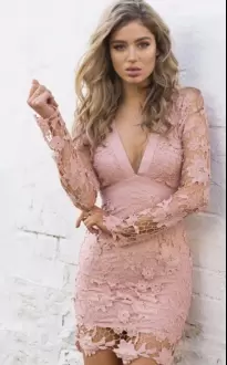 Pink V-neck Neckline Lace and Appliques Dress for Prom Long Sleeves