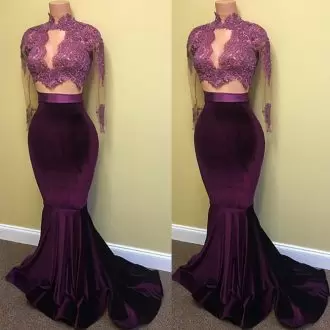 Custom Fit Eggplant Purple Long Sleeves Satin Backless for Prom and Party and Military Ball