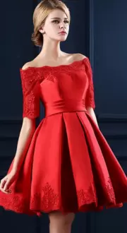 Charming Half Sleeves Mini Length Lace and Appliques Homecoming Party Dress with Red