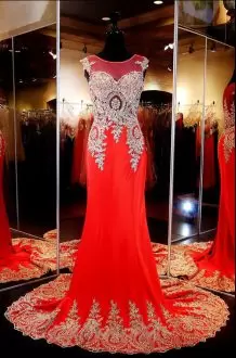 Red Chiffon Lace Up Prom Dress Sleeveless Brush Train with Gold Lace and Appliques