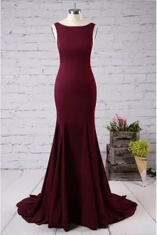 Burgundy Sleeveless Satin Sweep Train Lace Up Evening Dress for Prom and Party