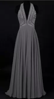 Noble Grey Chiffon Backless Prom Evening Gown Sleeveless Floor Length Beading