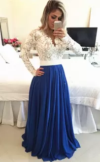 Floor Length Empire Long Sleeves White and Royal Blue Prom Dresses Sweep Train Lace Up