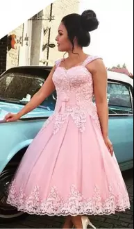 Straps Sleeveless Lace Up Evening Dress Pink Satin Beading and Appliques and Ruching and Bowknot