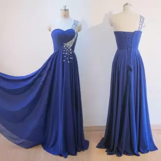 Unique Royal Blue Sleeveless Floor Length Beading Lace Up Evening Outfits One Shoulder
