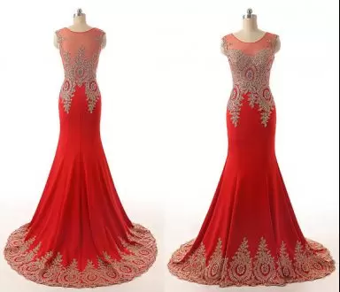 Scoop Red Chiffon Illusion Neckline Mermaid Homecoming Dress with Gold Appliques