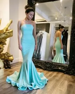 Beautiful Strapless Sleeveless Court Train Zipper Prom Homecoming Dress Aqua Blue Ruffles