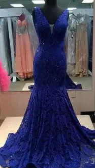 Dark Royal Blue Lace Deep V-neck Mermaid Women Prom Dress
