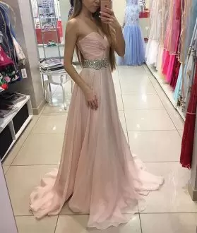 Pink Prom Evening Gown Prom and Party and Military Ball with Beading Sweetheart Sleeveless Lace Up