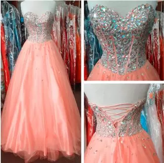 Fine Sleeveless Tulle Floor Length Lace Up Prom Party Dress in Pink and Orange with Beading