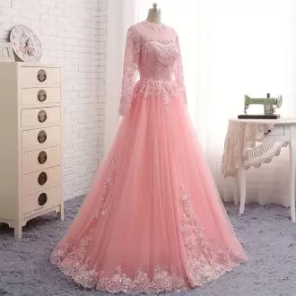 Delicate Appliques Homecoming Gowns Pink Long Sleeves Floor Length