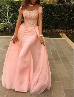 Captivating Pink Off The Shoulder Lace Up Appliques Prom Dresses Short Sleeves