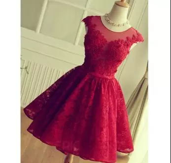 Extravagant A-line Homecoming Gowns Red Scoop Cap Sleeves Mini Length Backless