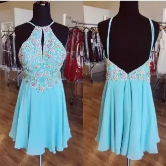 Graceful Empire Prom Evening Gown Aqua Blue Spaghetti Straps Chiffon Sleeveless Mini Length Backless