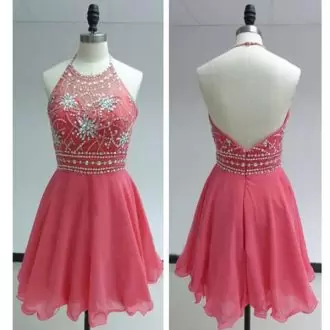 Coral Red Empire Beading Homecoming Dress Online Backless Chiffon Sleeveless Mini Length