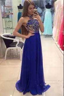 Cute Royal Blue Lace Up Prom Dresses Beading and Appliques Sleeveless Floor Length Sweep Train