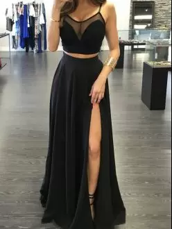 Black Chiffon Backless Scoop Sleeveless Floor Length Homecoming Gowns Ruching