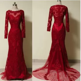 Fashionable Red Empire Sweetheart Sleeveless Satin and Organza and Tulle Floor Length Sweep Train Lace Up Beading and Lace Prom Evening Gown
