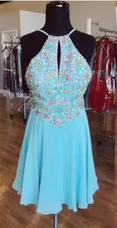 Pretty Aqua Blue Sleeveless Chiffon Backless Dress for Prom for Prom and Party and Military Ball
