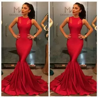 Trendy Red Mermaid Ruching Prom Party Dress Lace Up Satin Sleeveless
