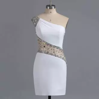 White Column Sheath Beading Prom Evening Gown Side Zipper Chiffon Sleeveless Mini Length