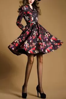 Free and Easy Printed V-neck 3 4 Length Sleeve Zipper Pattern and Belt Homecoming Dress Online in Multi-color