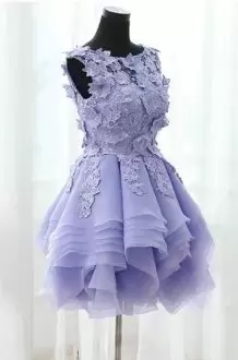 Custom Designed Lavender Tulle Homecoming Dresses Sleeveless Mini Length Lace and Appliques