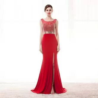 Sleeveless Chiffon Sweep Train Backless Evening Wear in Red with Beading