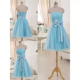 Strapless Sleeveless Dress for Prom Mini Length Bowknot Aqua Blue Tulle