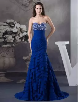 Eye-catching Royal Blue Sleeveless Sweep Train Beading With Train Going Out Dresses