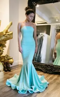 Sexy Strapless Mermaid Tiffany Blue Evening Prom Dress with Train
