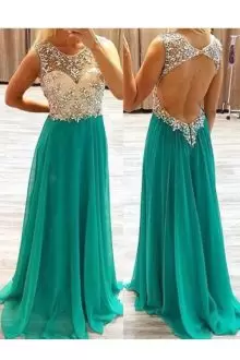 Turquoise Backless Scoop Beading Prom Dress Chiffon Long Sleeves